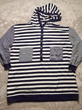 Vintage Westbound Beach Tunic Shirt Womens L Blue Striped 3/4 Sleeve Hooded